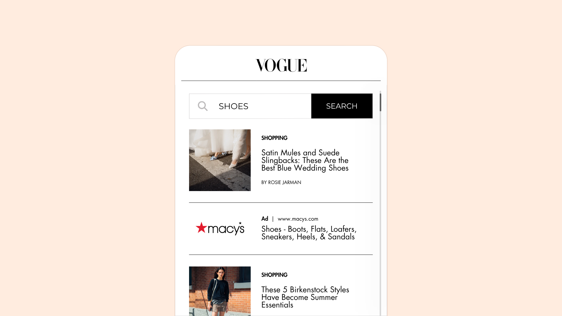 Sponsored search result inside a publisher site search on mobile